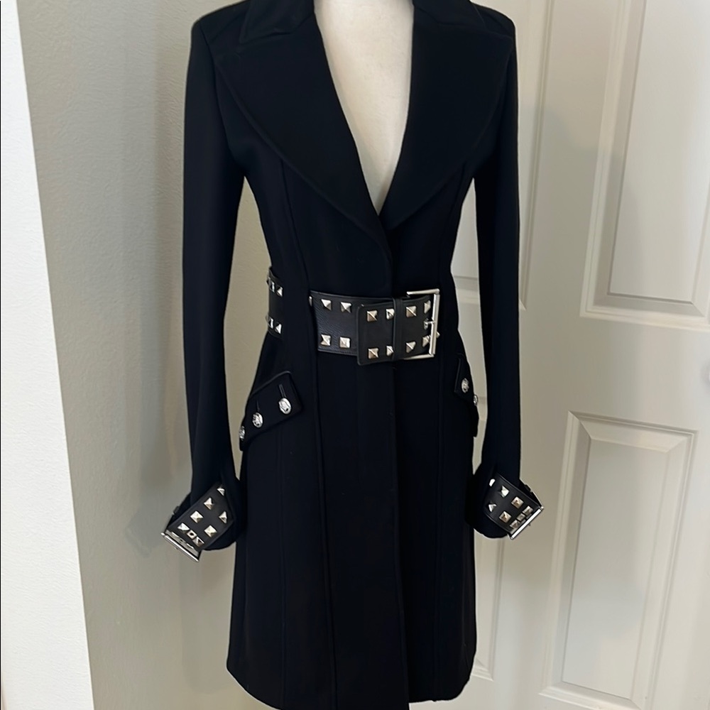 Chic Black Trench Coat with Studded Belt rare Versace coat size 6.